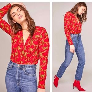 ASTR Chain Reaction Bodysuit Women’s Size M Surplice Wrap Front Long Sleeves